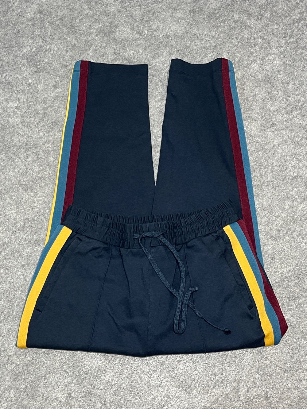 Spiritual Gangster Navy Track Pants with Yellow, Teal & Burgundy Stripes